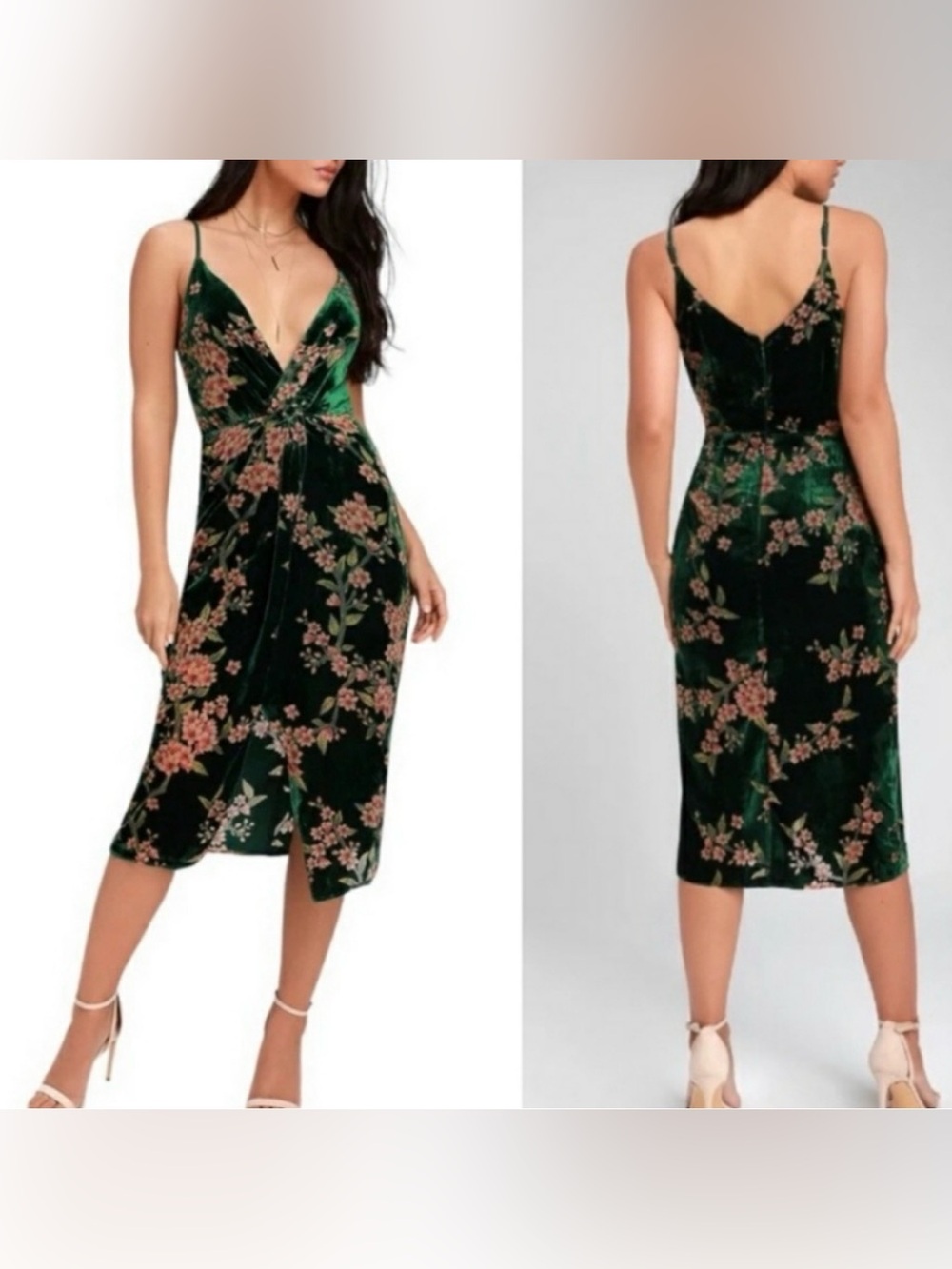 J.O.A. Dark Green Velvet Floral Twist-Front Midi Dress